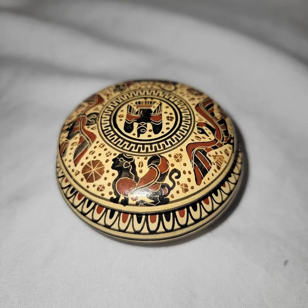 Trinket Box Made In Corinth Small Round Terra Cotta Animals Lidded Painted